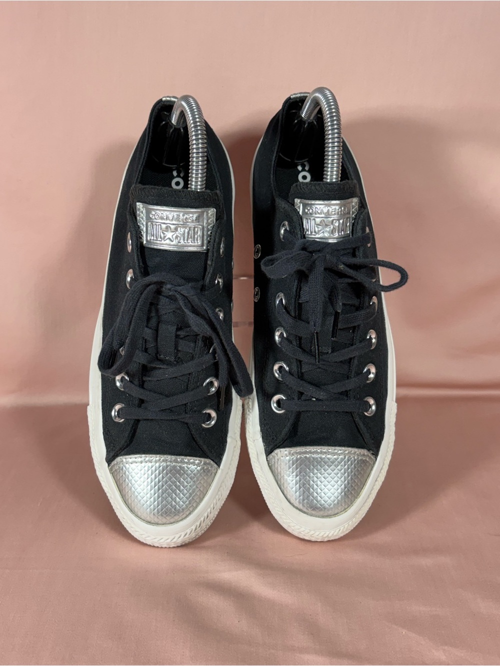Converse All Star Blk Canvas With Silver Toe Cap/Heel Strip Sneakers W's SZ 8 - Picture 4 of 12